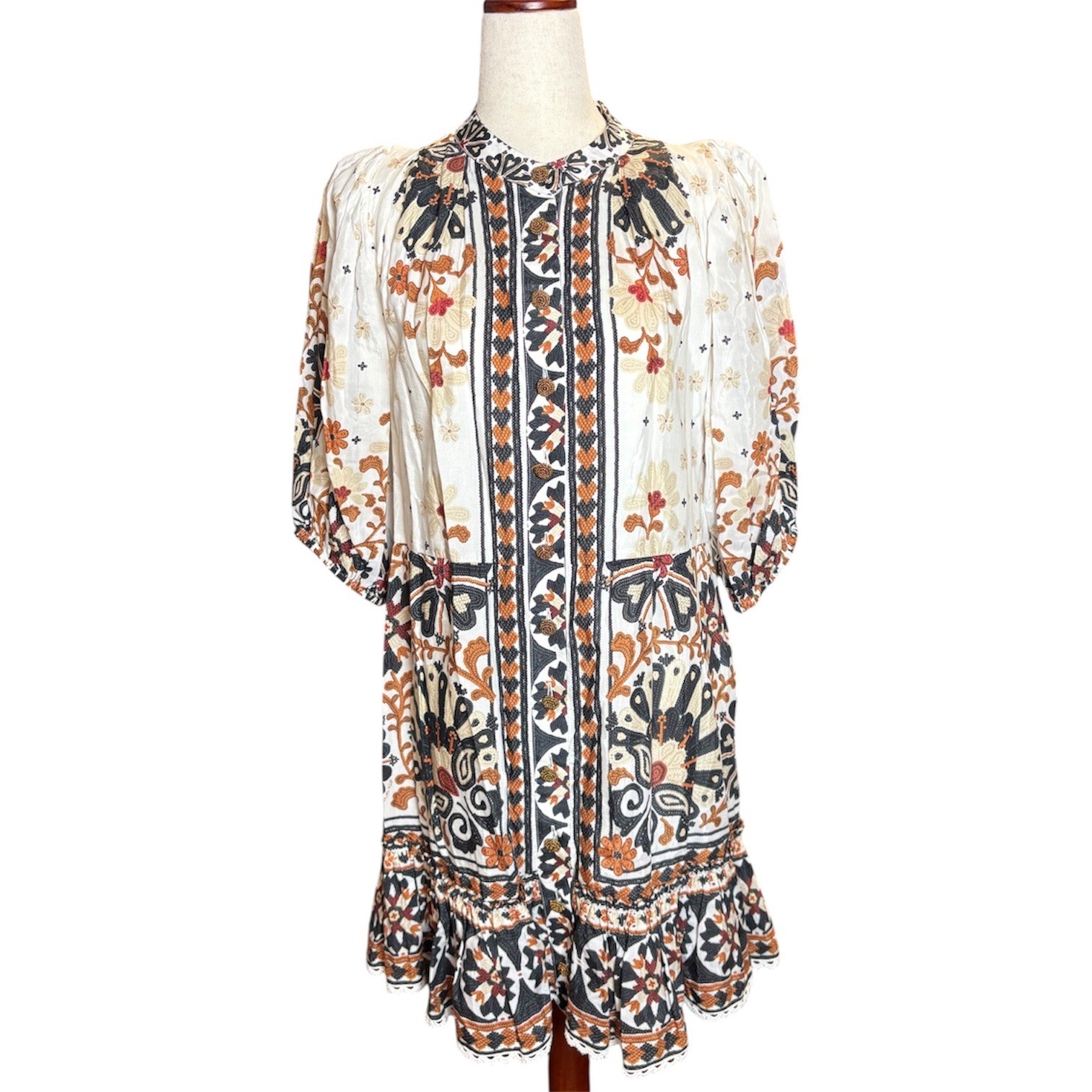 Farm Rio Flower Fan Tapestry Print Puff Sleeve Mini Dress Small NO BELT