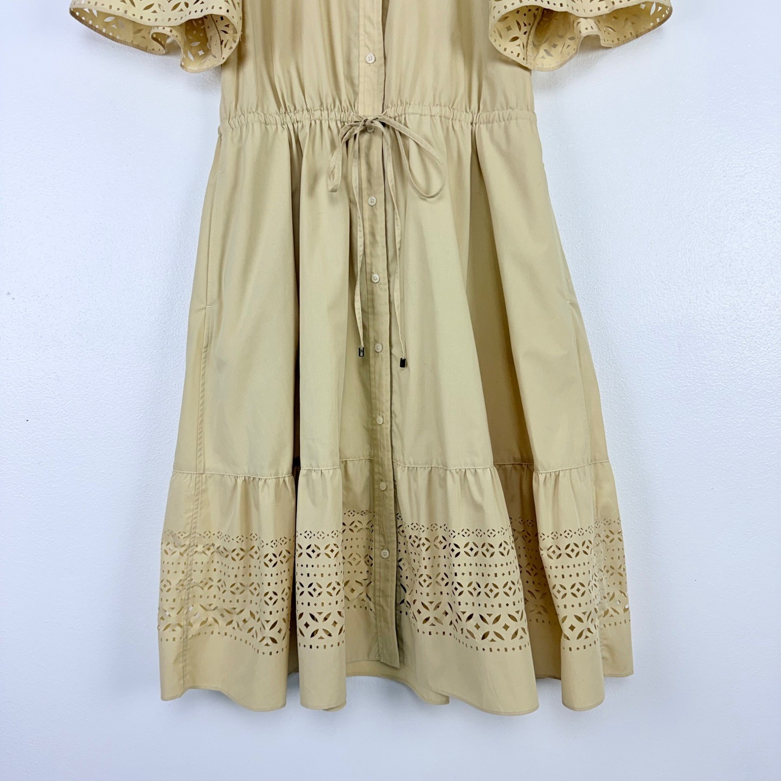 Lauren Ralph Lauren Eyelet Laser Cut Poplin Midi Dress Size 8 Beige Feminine