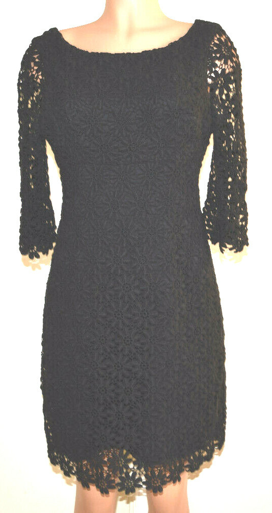 LILLY PULITZER BLACK FLORAL LACE EMBROIDERD 3/4 BELL SLEEVES PENCIL DRESS SIZE 6