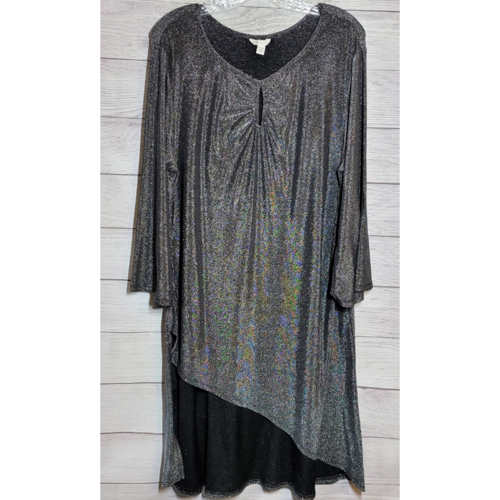 Cato Dress Size 14/16W Silver Black Glitter Asymmetric Hem Keyhole Long Sleeve