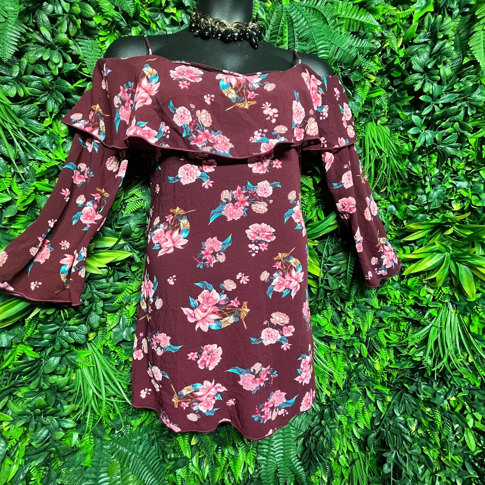 BLACK PINK Dress Women Large Wine Red Cold Shoulder Floral Print Flare 2017