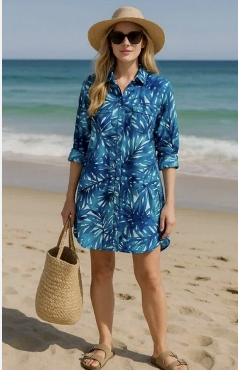 Lands End Women’s Shirt Dress Large Roll Tab Sleeve Tropical Blue Cover Vacation