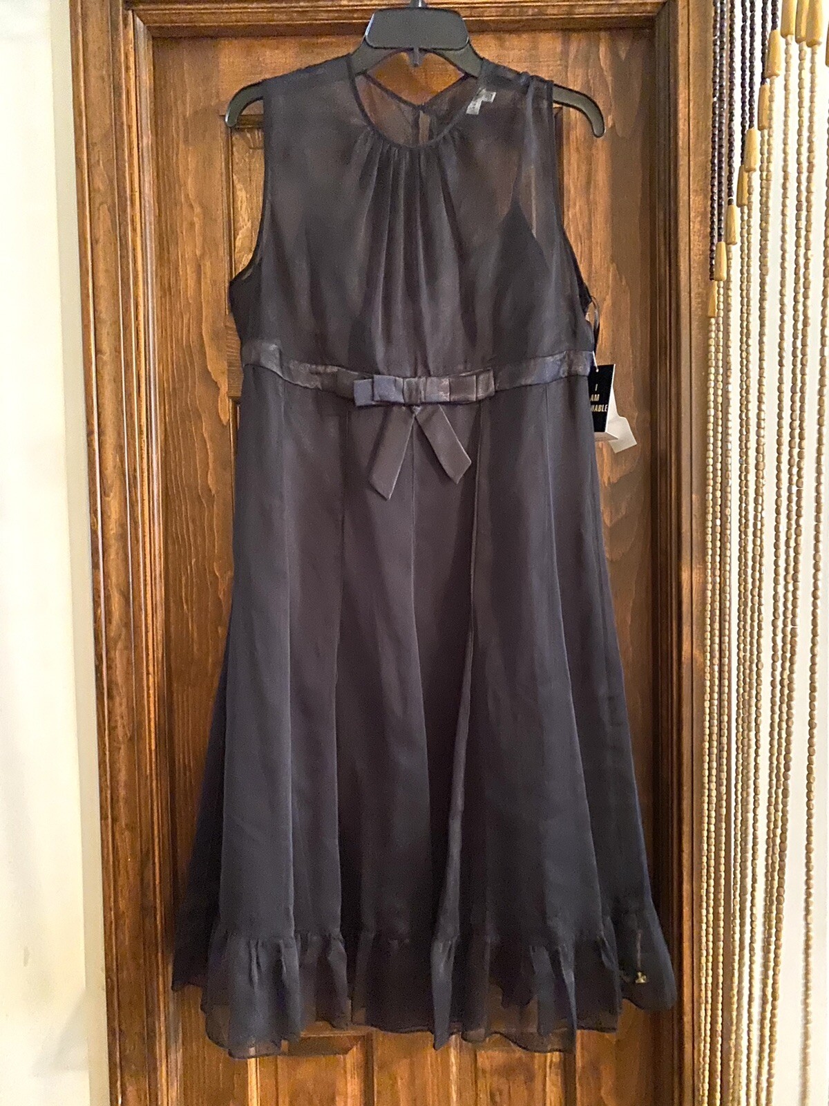 Sandra Darren Black Layered Sleeveless Dress Size 12 Bow & Sash NWT