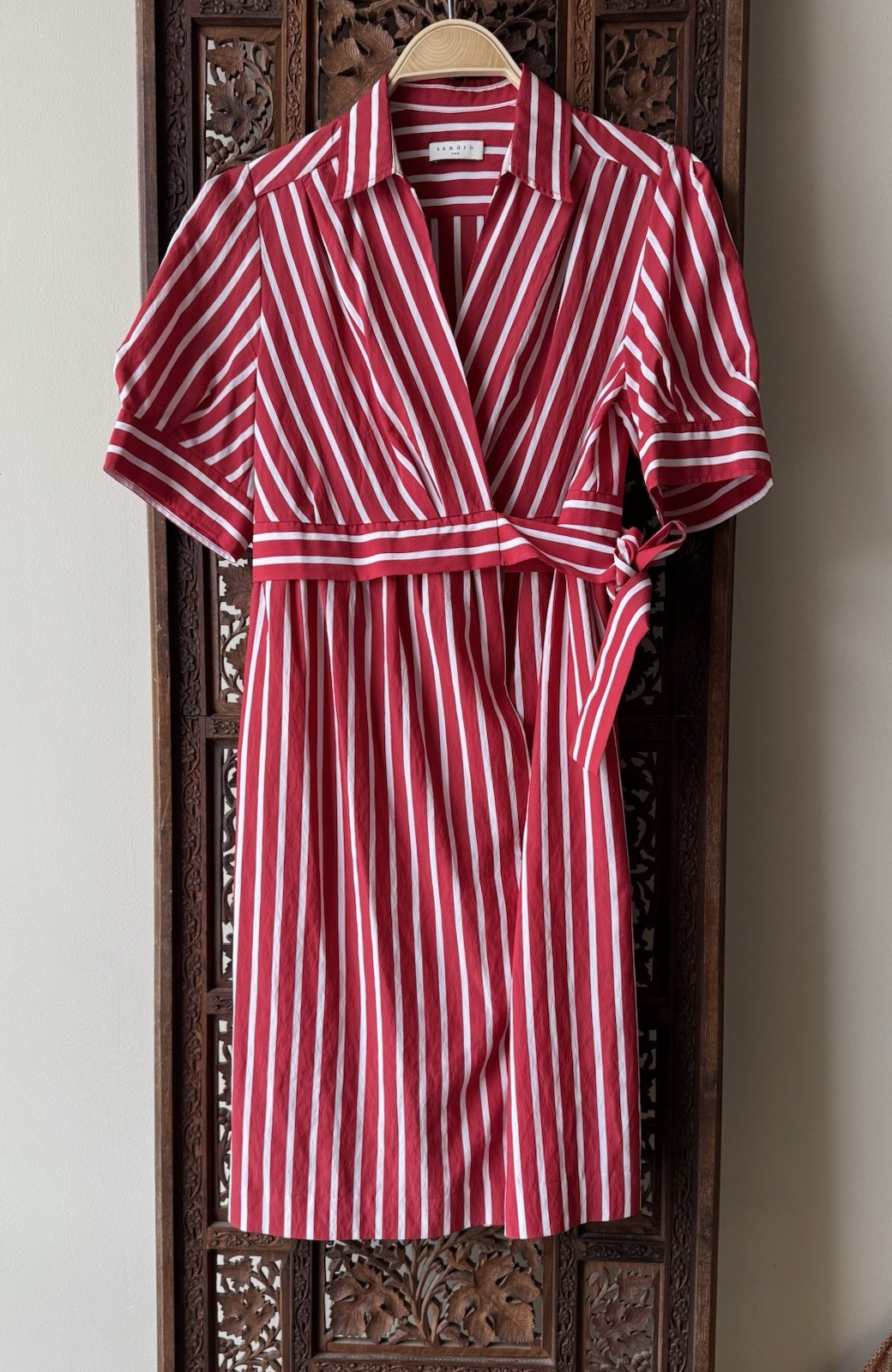Sandro Paris Red White Striped Wrap Midi Dress Short Sleeve Belted Sz 40 US 8 M