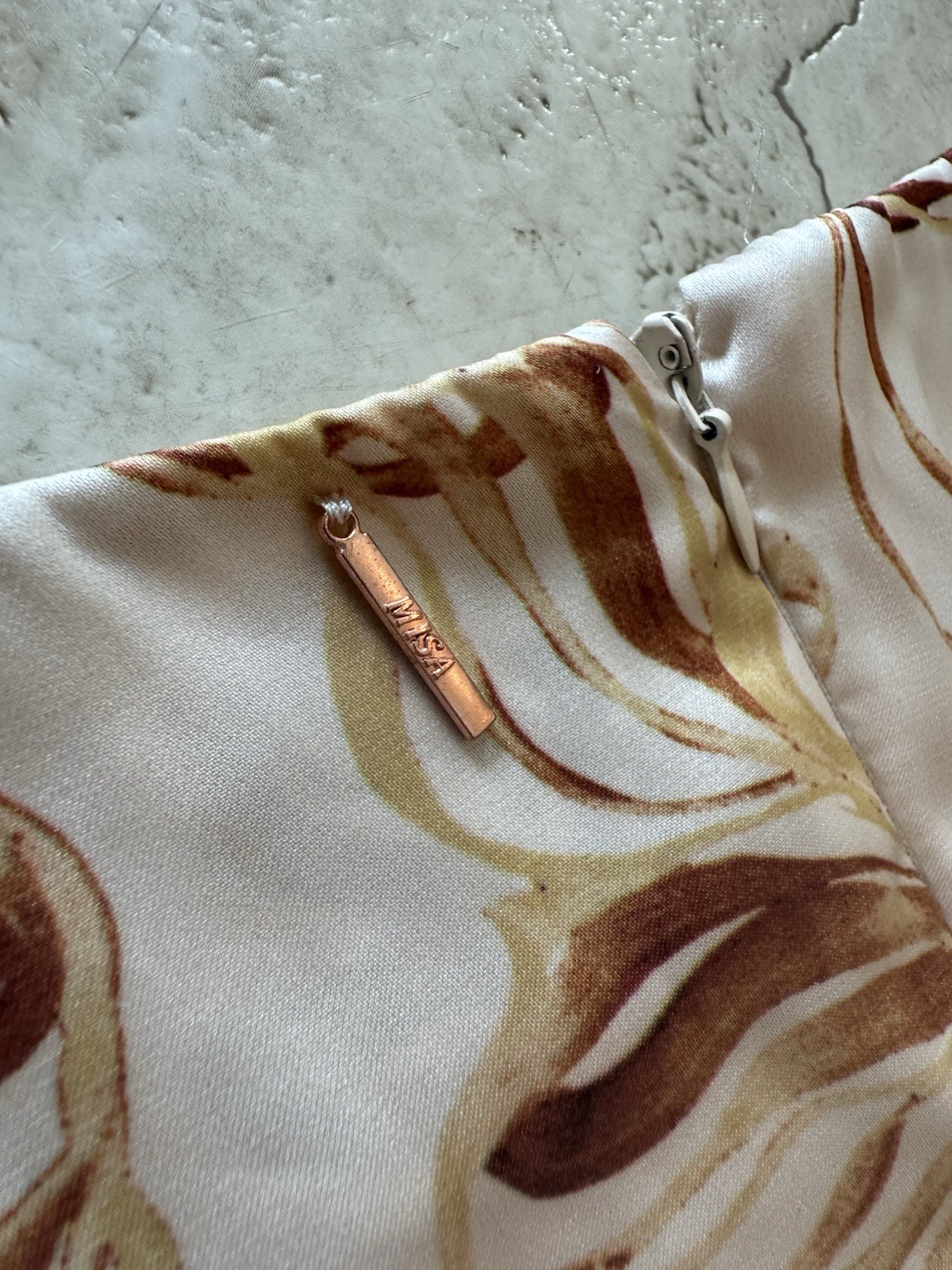 Misa Los Angeles Cream and Brown Marble Satin Mini Dress Women’s Small