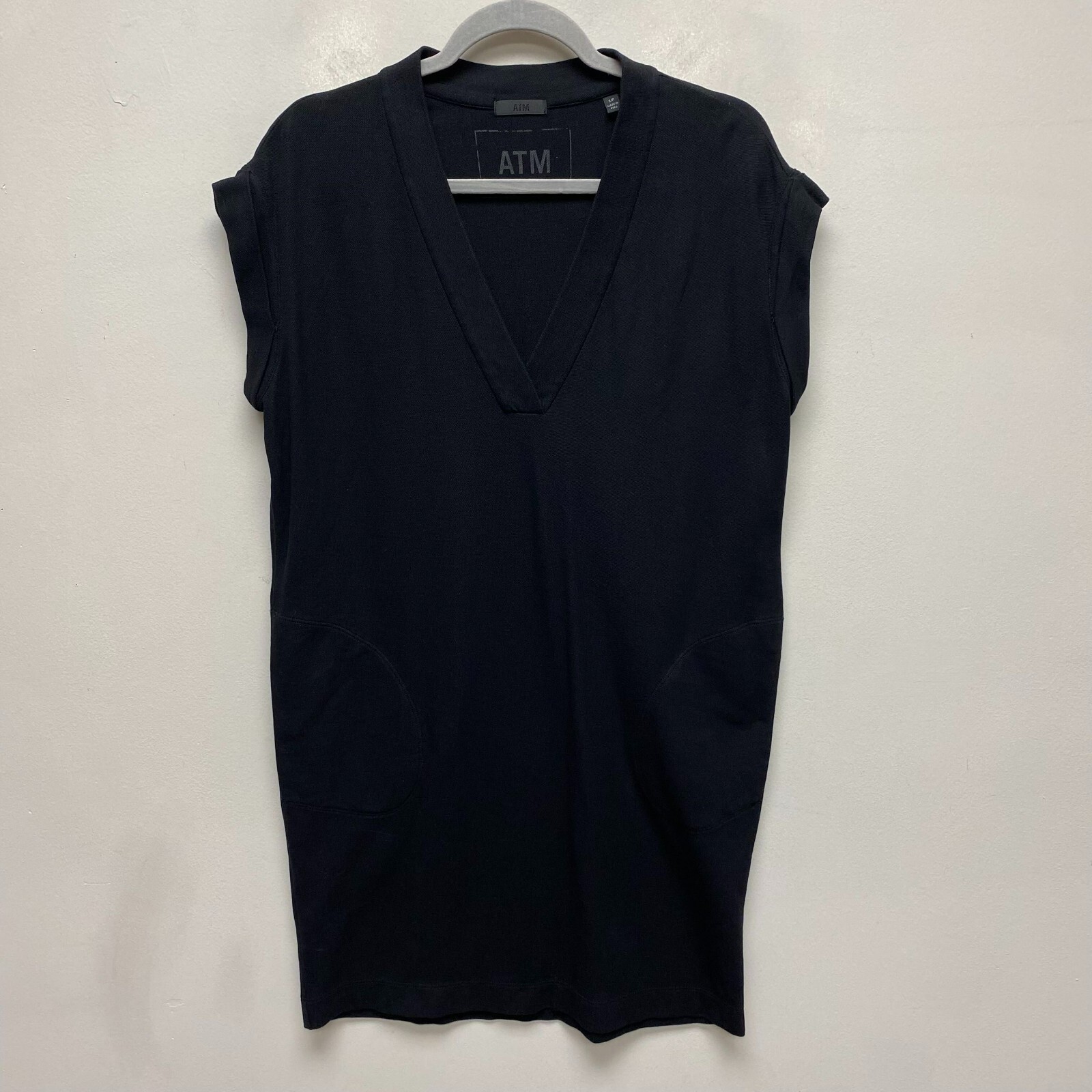 ATM Womens Black Cuffed Sleeve V-Neck Side Pocket Pima Cotton Knit Shirt Dress S