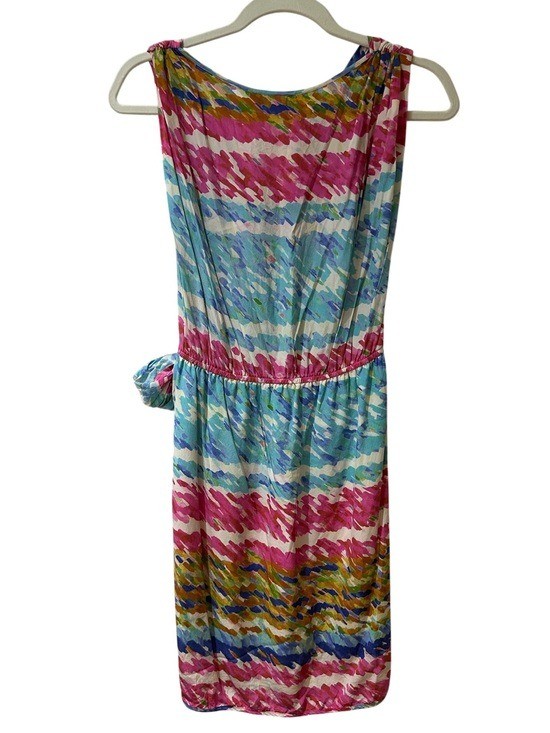 Presley & Skye Silk Pink, Blue & Mustard Abstract Faux Wrap Dress. Medium
