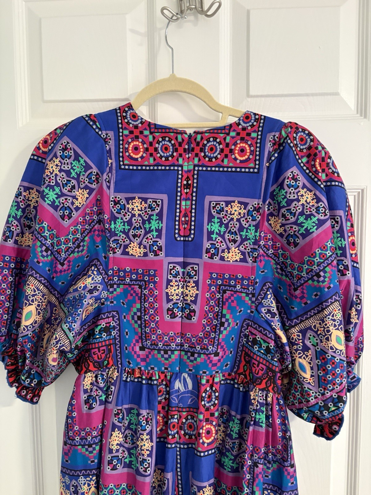 Hunter Bell Palmer Dress Puff Sleeve Midi Multi Talavera Patchwork Sz Small EUC