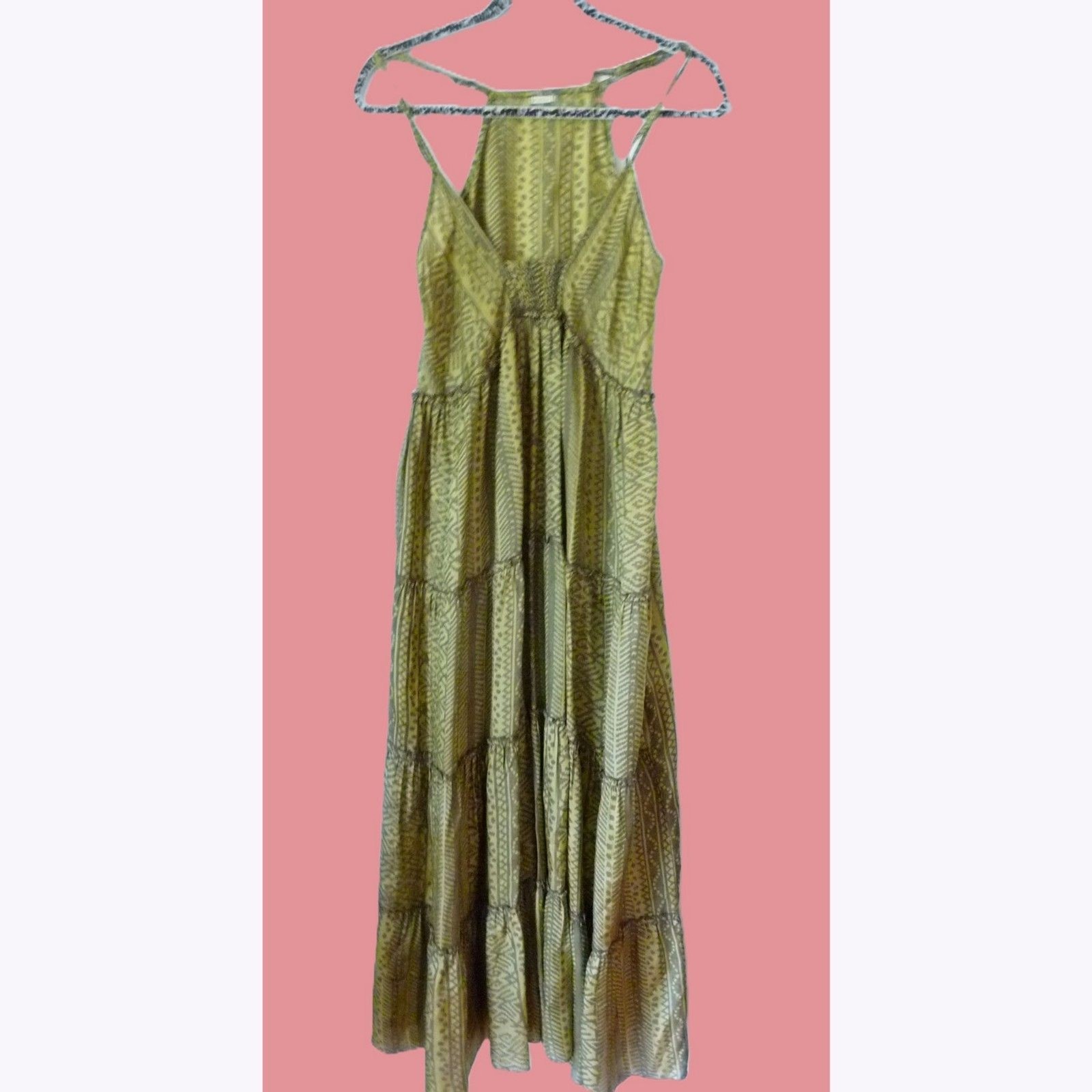 Matta 100% Silk Tiered Maxi Dress Smocked Bodice Tribal Print Halter Olive L