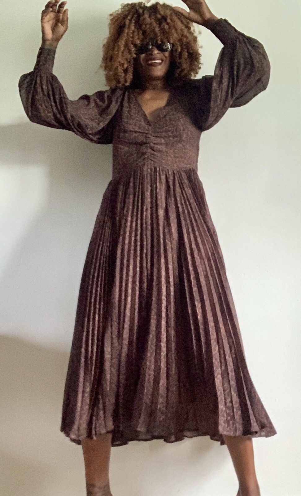 BNWT HM BLACK & BROWN CROCODILE PRINT LONG SLEEVES PLEATED MAXI DRESS SIZE: 10