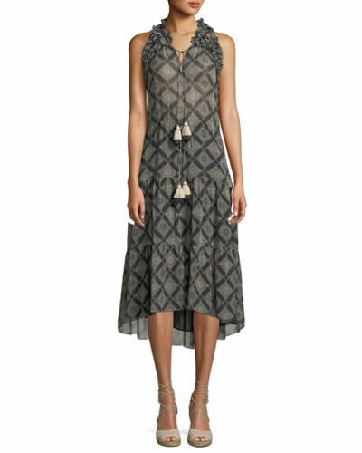 Figue Babriella Ruffle Black Sleeveless Printed Silk Georgette Dress Tassel S