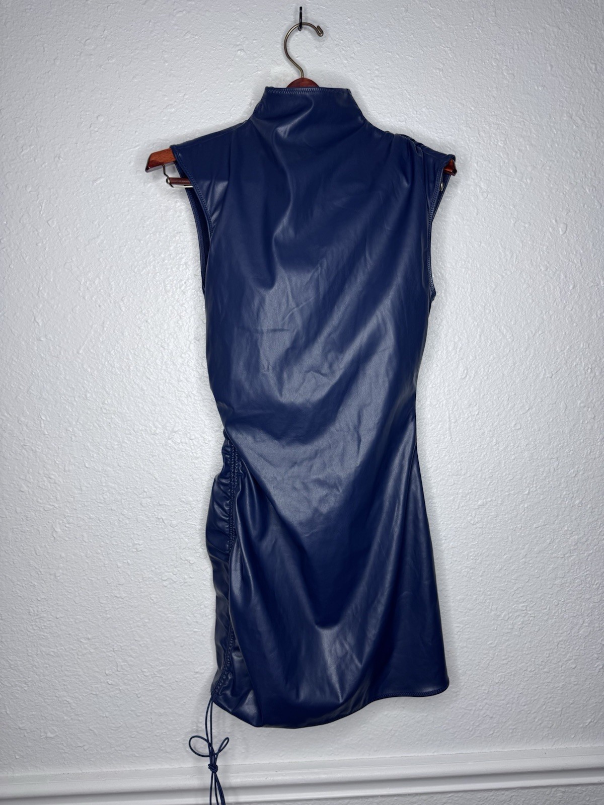 Mars The Label Margot Mini Dress UK 12 Blue Faux Leather Ruched Bodycon NWT
