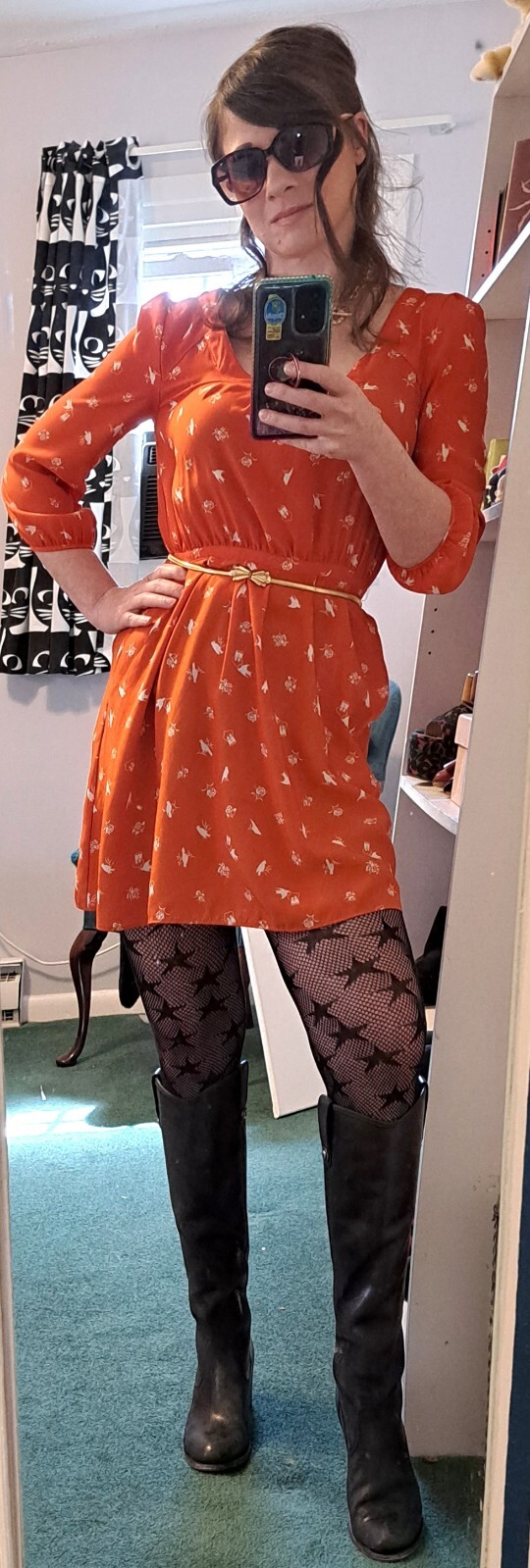 Urban Outfitters Cooperative red orange bird birds print longsleeve dress S