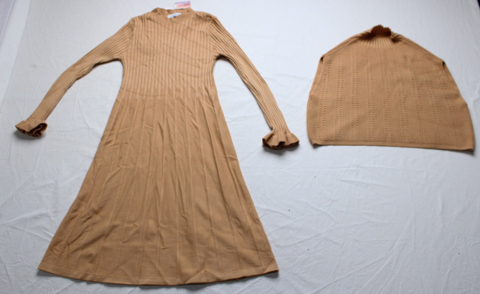 Chic Wish Women’s Long Sleeve Pleated Knit Twinset Dress AC2 Apricot Medium NWT