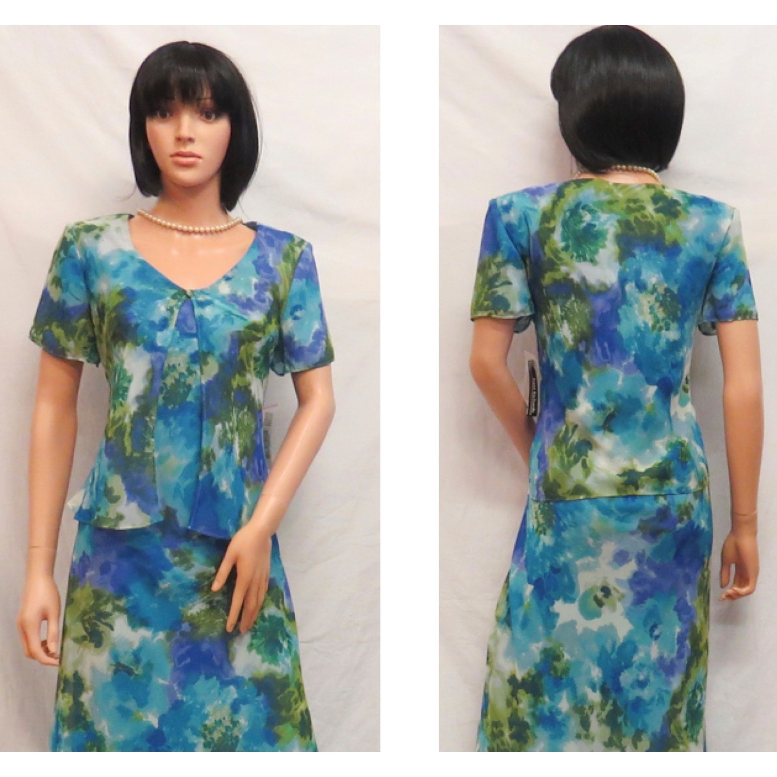 RM RICHARDS Billowy Purple Gray Green Blue Short Sleeve Maxi Dress 8 New