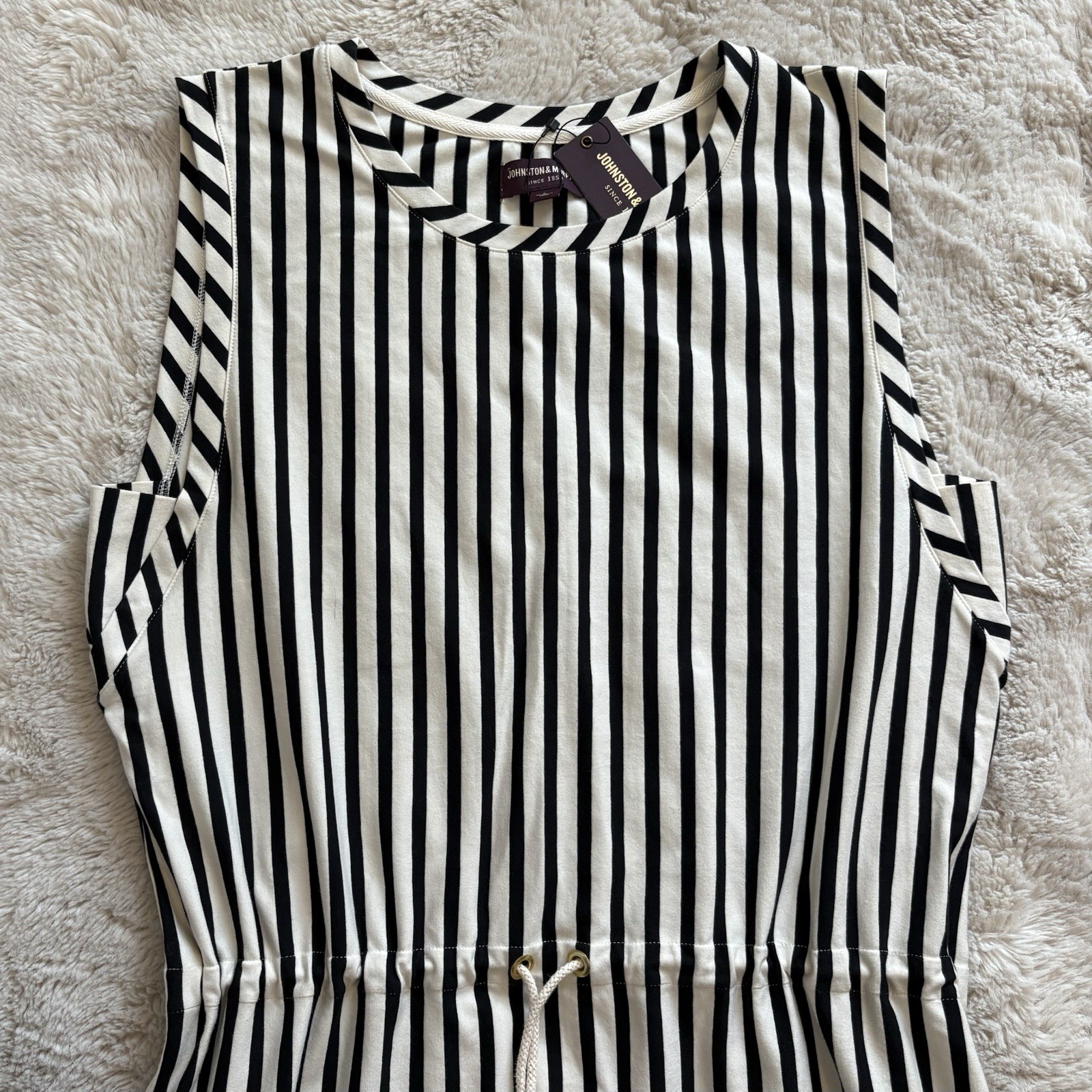 Johnston Murphy Womens Striped Midi Dress Large Career Casual Black Cream NWT