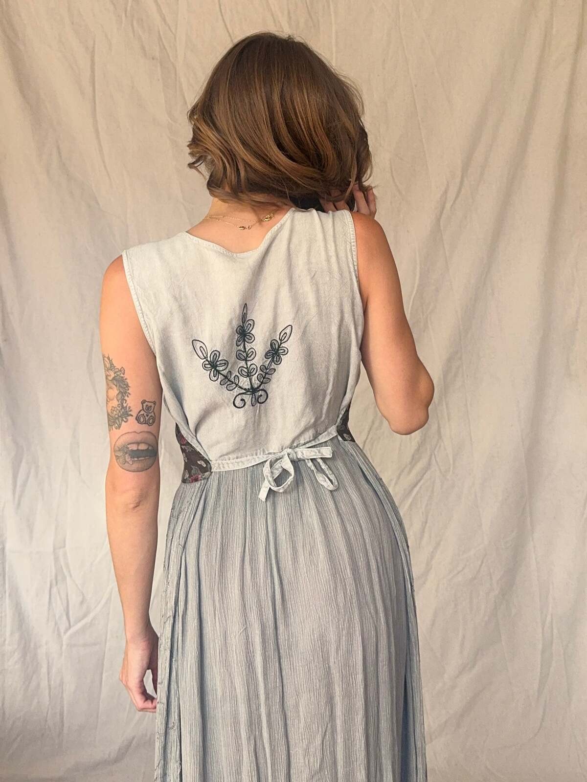 90s Grey Patchwork Whimsigoth Embroidered Fairy Maxi Dress