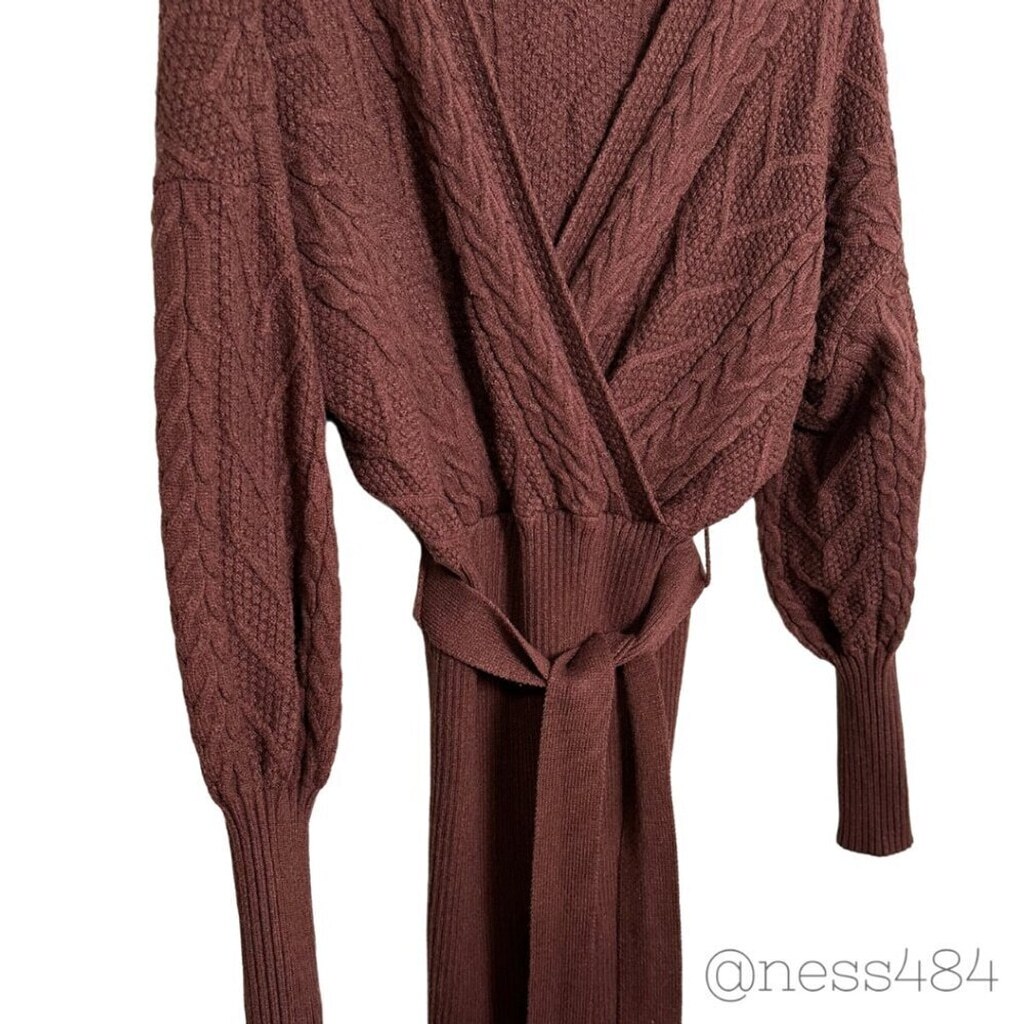 HERA Collection Cable Knit Wrap Sweater Dress Belted Long Sleeve Brown Size L