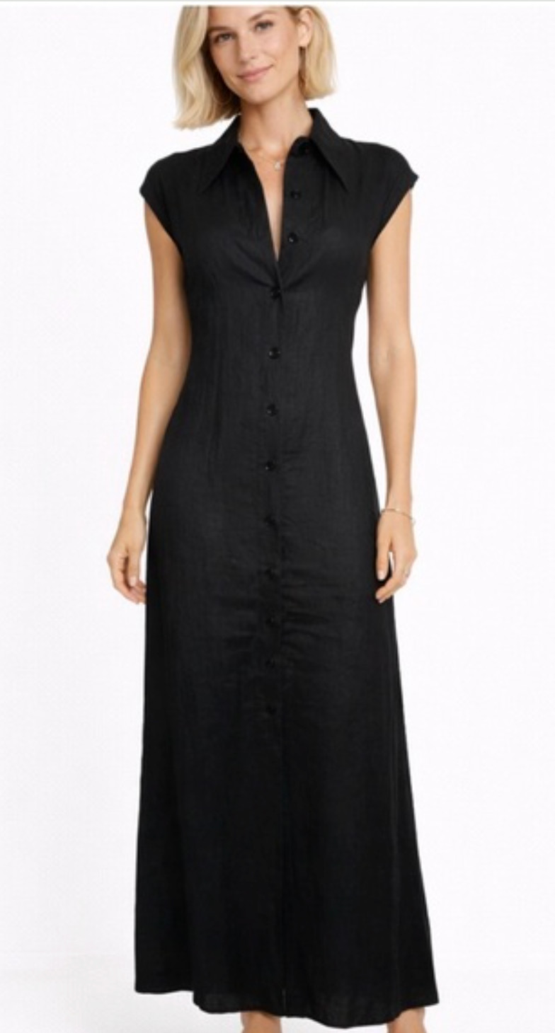 SCANLAN THEODORE black 100% linen maxi dress sleeveless shirt dress US size 2
