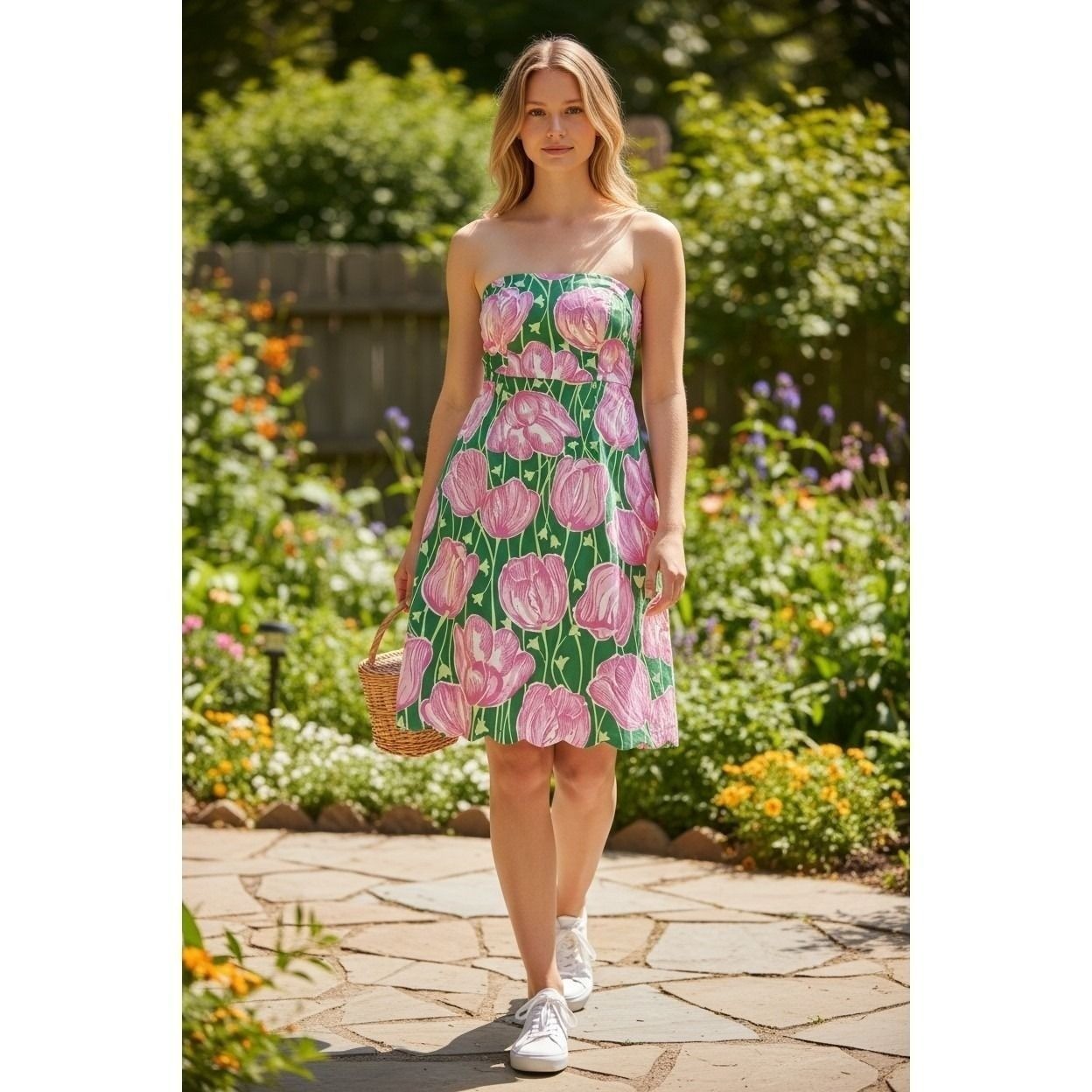 Lilly Pulitzer Strapless Floral Tulip Scalloped Hem Dress Green Pink Size 0