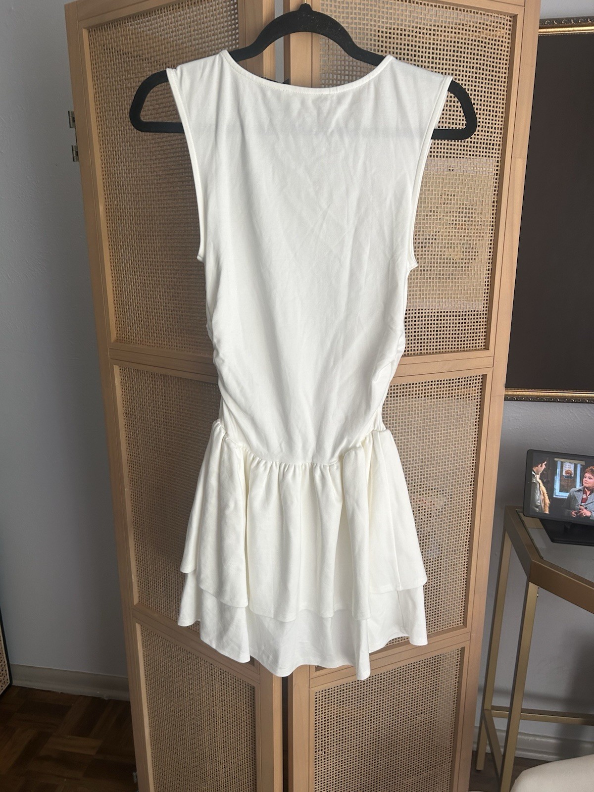 Grace Karin White Solid Mini Dress Short Round Neck Sleeveless Tiered Layered S