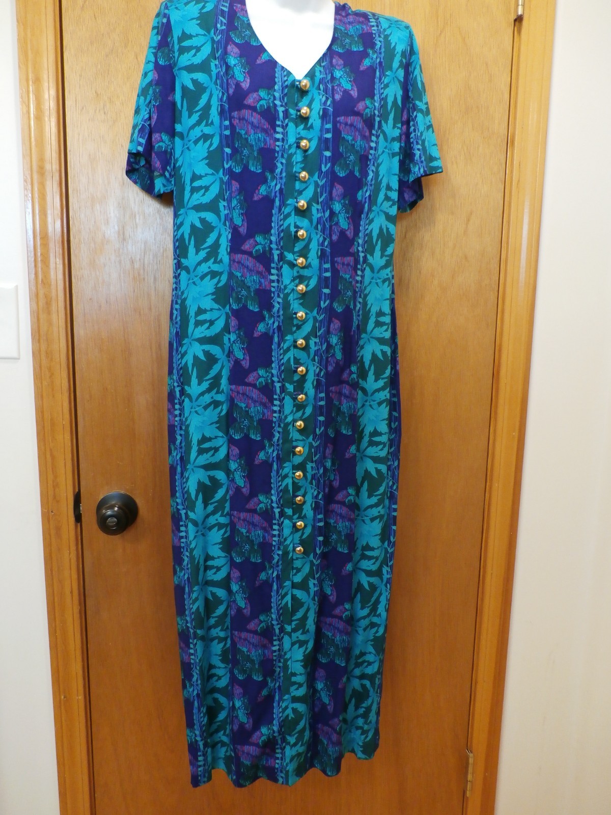 Betsy Lauren Blue & Purple Short Sleeve Maxi Dress Button Front V-Neck Size 12