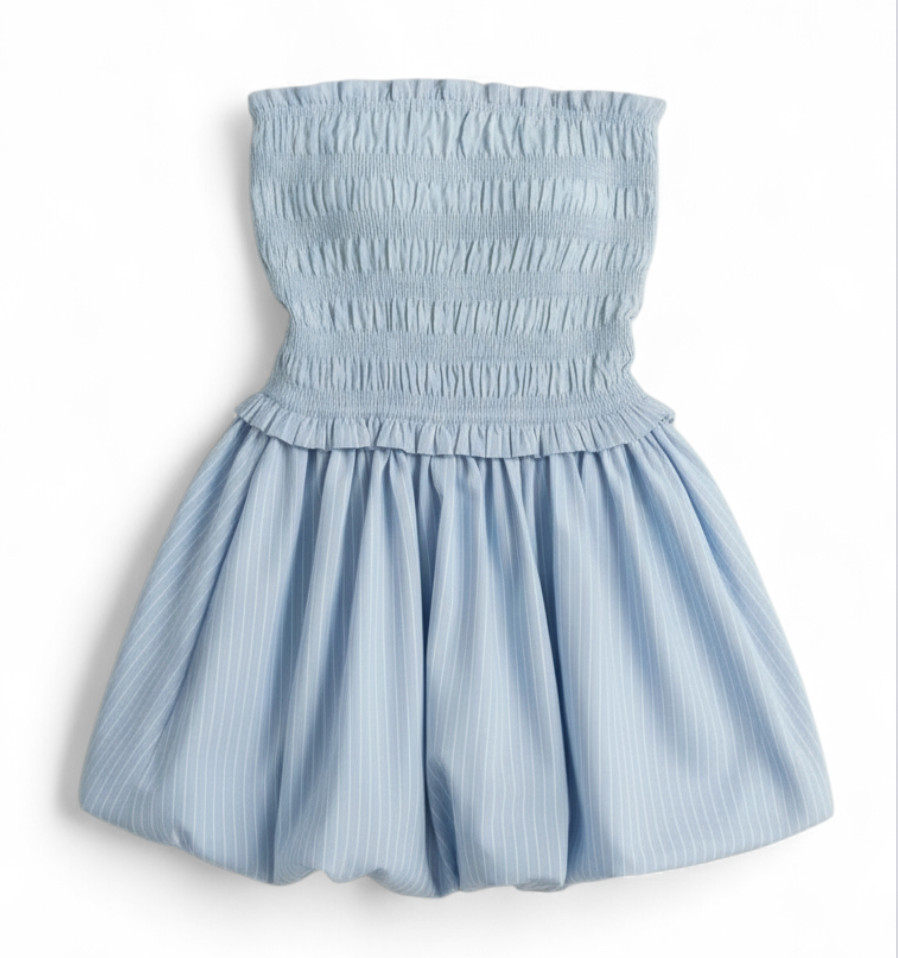 MABLE Anthropologie SMOCKED STRAPLESS DRESS Bubble Hem LT BLUE STRIPE Malaya M