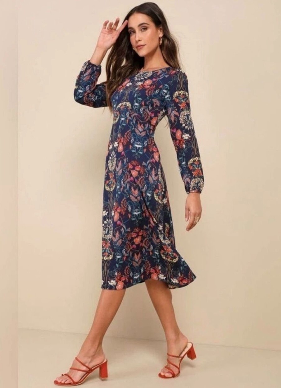 I. Madeline Blue Floral Print Garden Splendor Long Sleeve Dress Size XS NWT