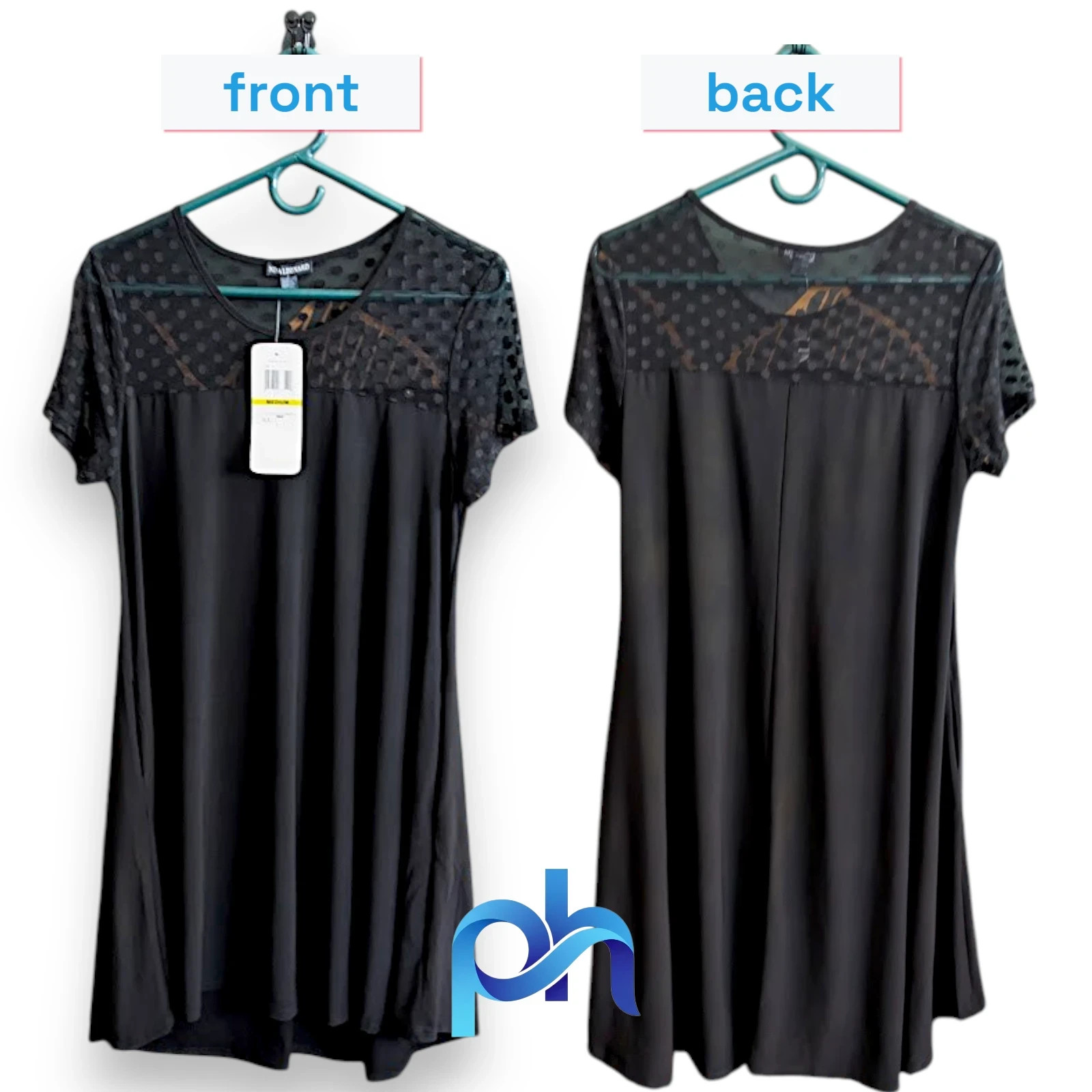 NWT Nina Leonard Polka Dot Mesh High‑Low Swing Dress Black Size M Pockets