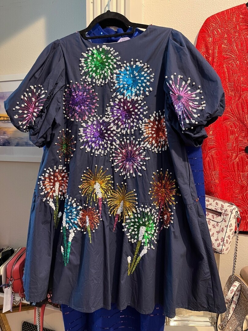 Queen of Sparkles navy blue firecracker mini dress, size M, all cotton