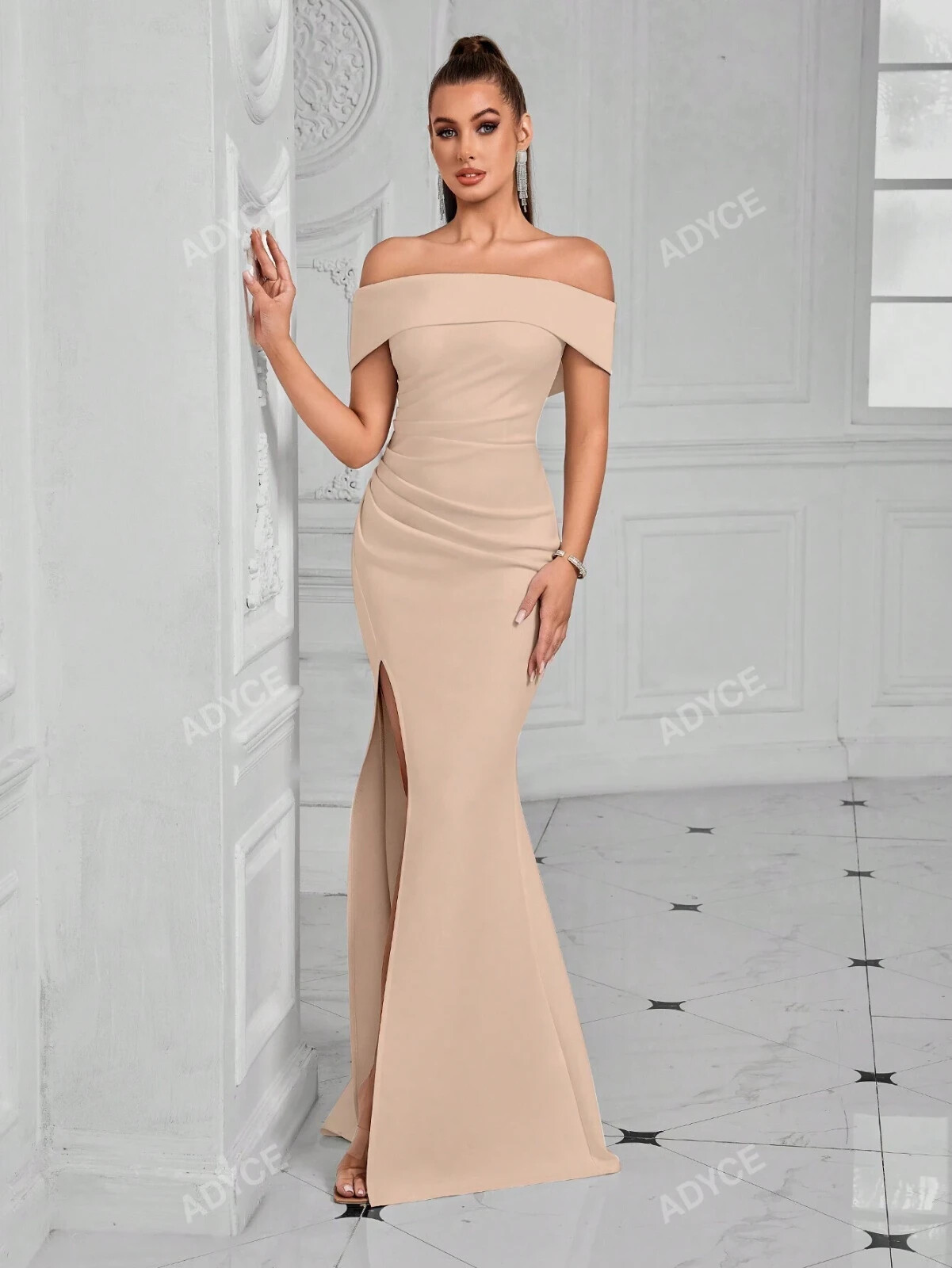 ADYCE Off-The-Shoulder Pleated Front Slit Cocktail Party Dress 043