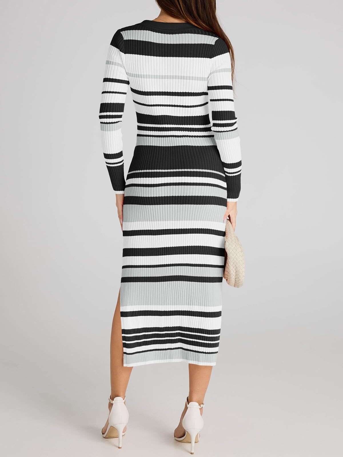 Womens Striped Sweater Dress V Neck Collared Slim Fit Midi Dress (Black S)
