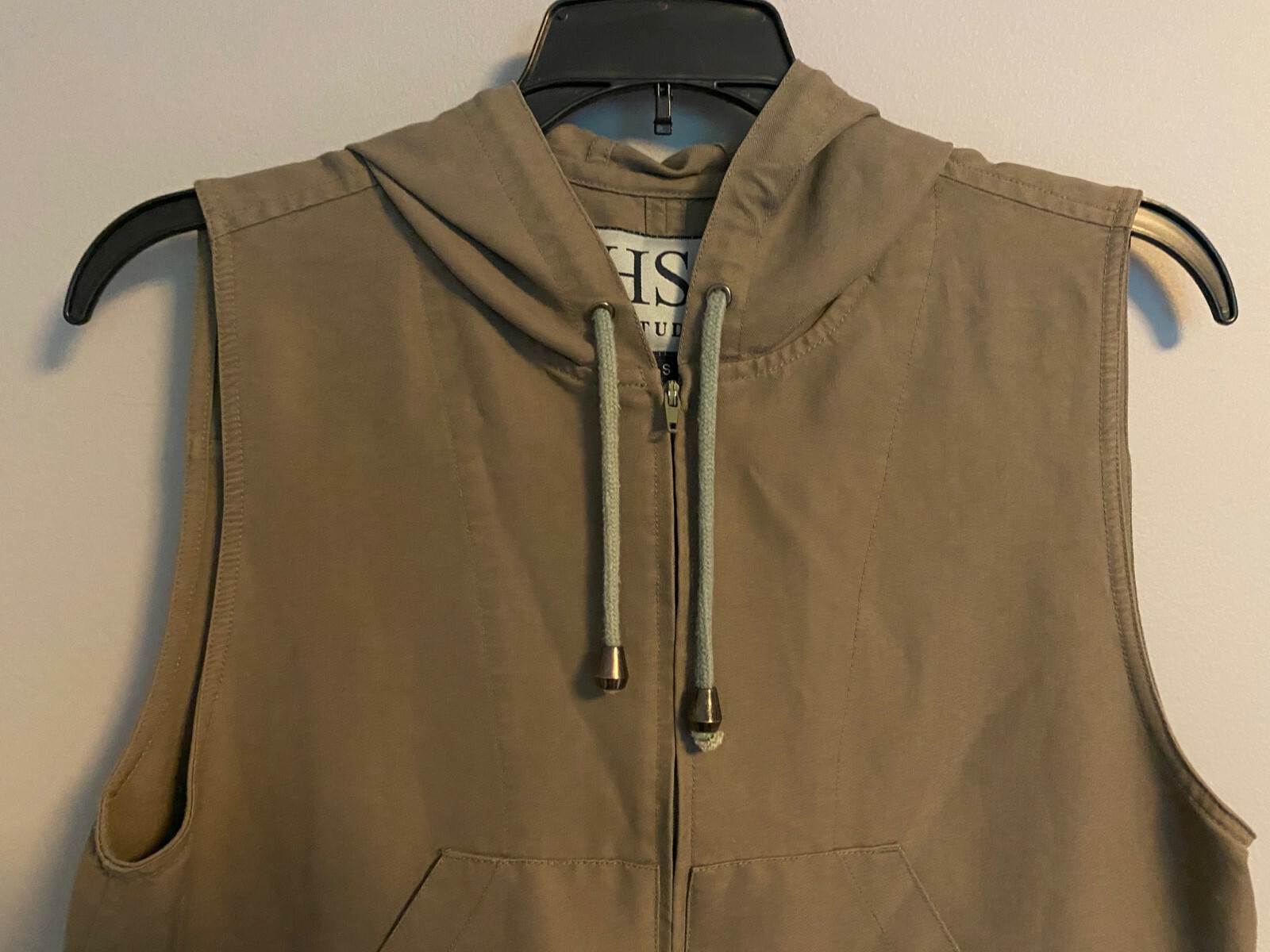 Womens HSZ Studio Sleeveless Shift Dress, Olive, Hooded, 1/2 Zip, Pockets, Small