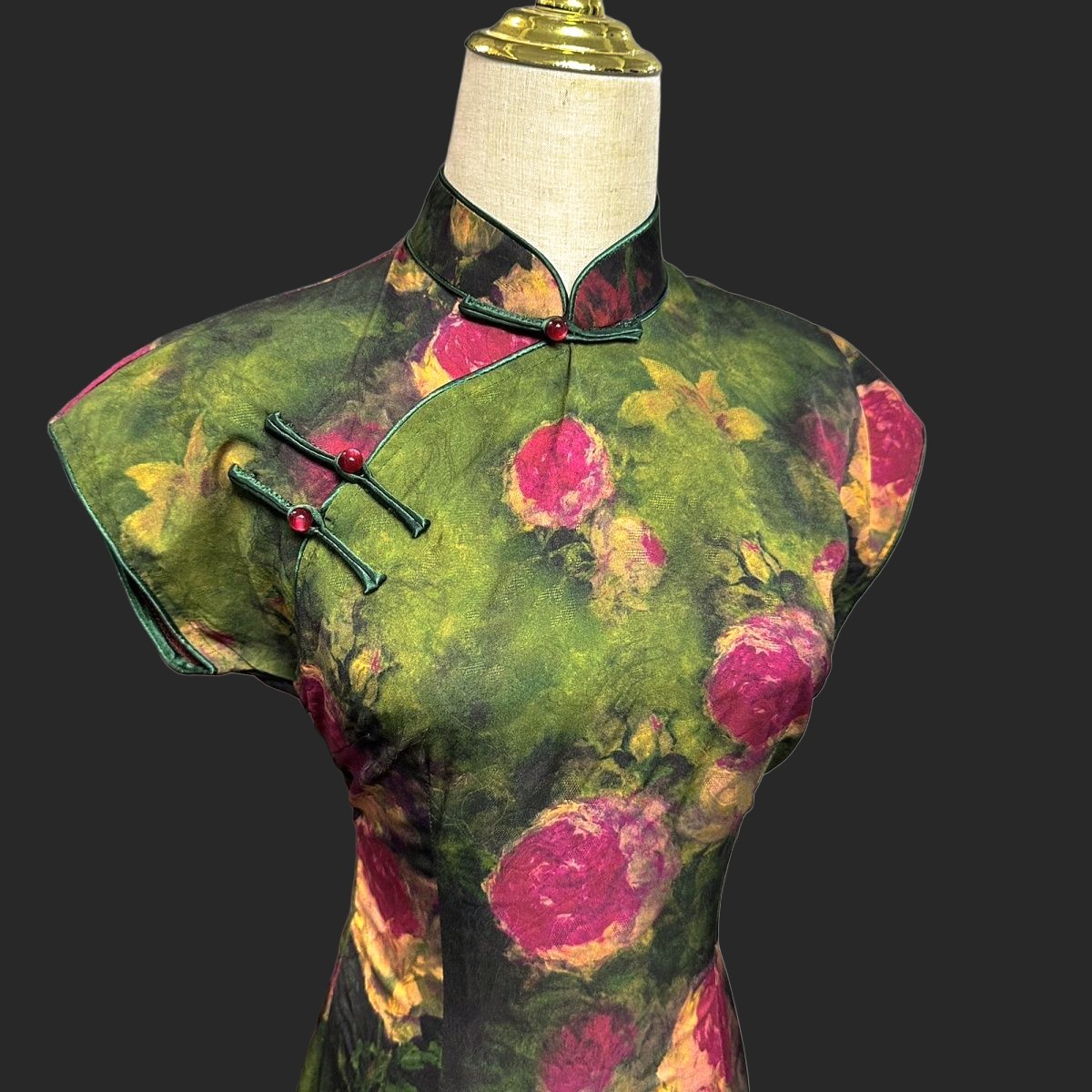 Peony Pond Cheongsam Qipao Oil Paint‑Wash Water Vintage Hourglass Fit M L XL