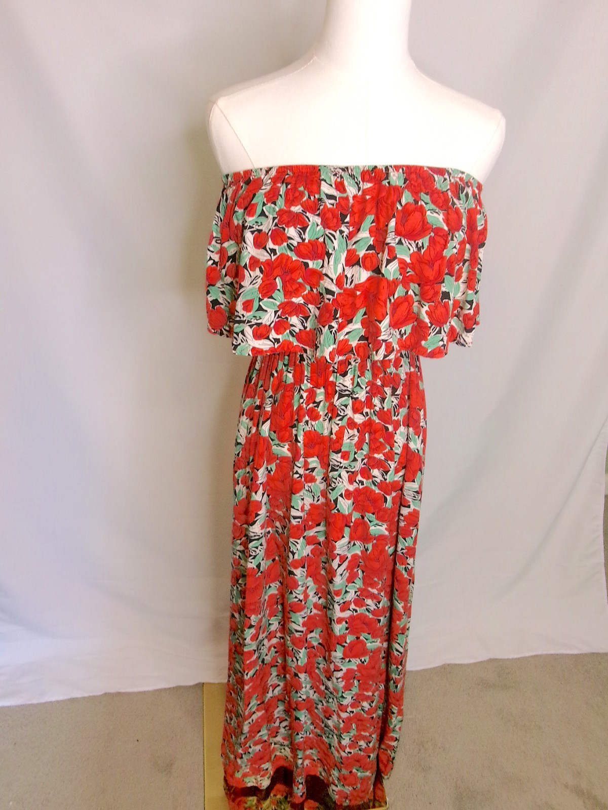 Strapless Floral Maxi Dress Boho Tropical Red Floral Tube Dress S