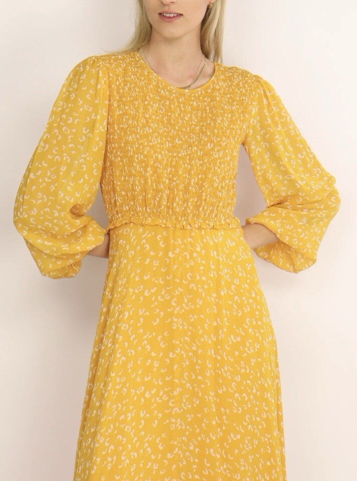 Ghost London Margaux Leopard-Print Dress Sun Yellow Midi Dress Size XS