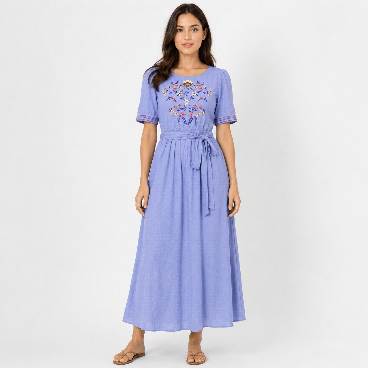 eShakti Custom Periwinkle Embroidered Cotton Maxi Dress Pockets Boho Cottagecore