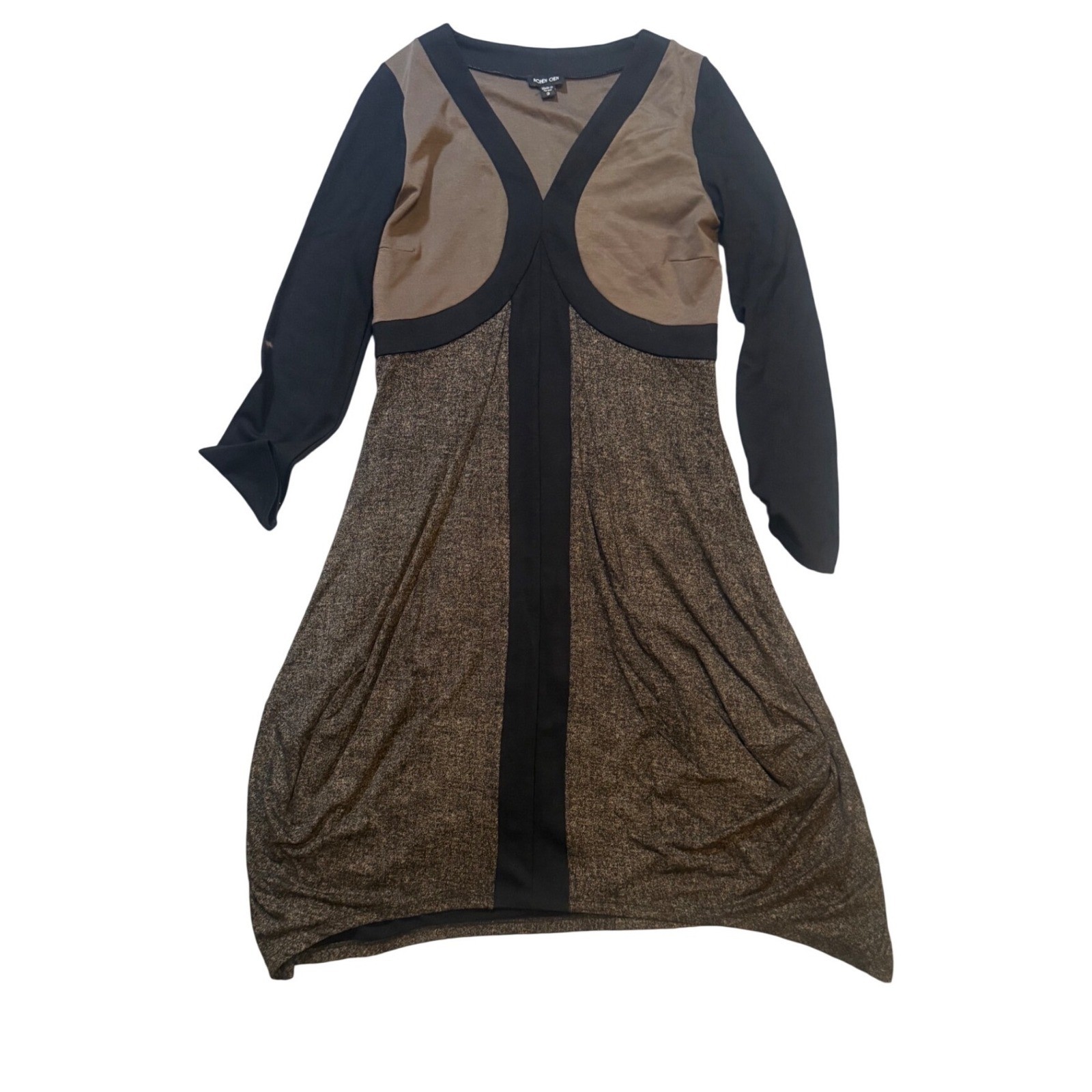 RARE Ronen Chen Israel Stretchy Earth Toned V-Neck Midi Dress Tulip Skirt L