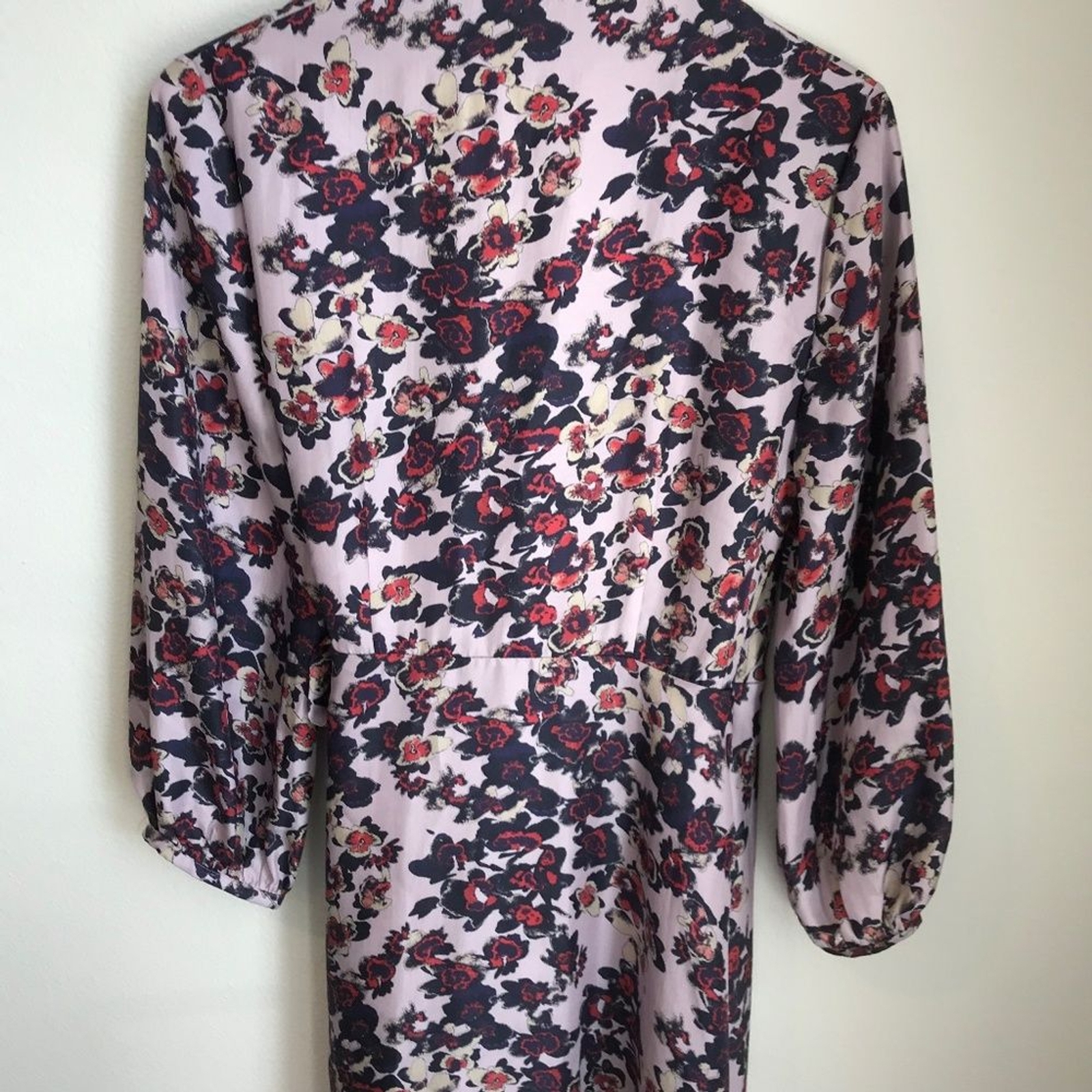 Whistles Silk Floral Print Midi Wrap V-Neck Dress 8 Purple Red Bracelet Sleeve