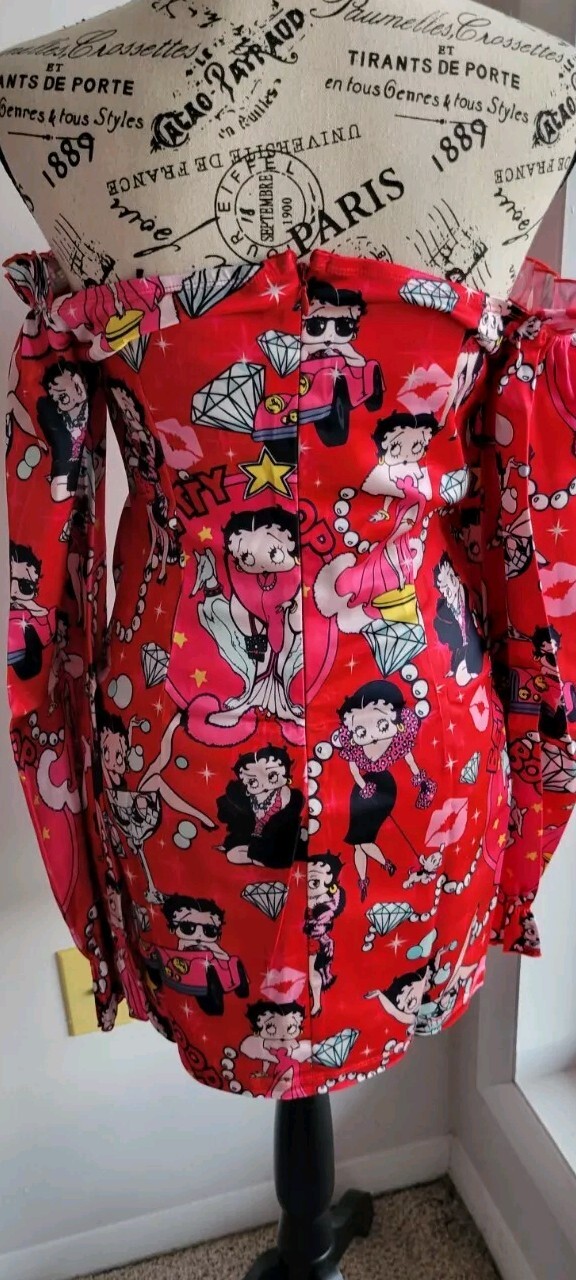 Dolls Kill & Betty Boop Lover Catch A Kitten Off Shoulder Satin Dress Medium
