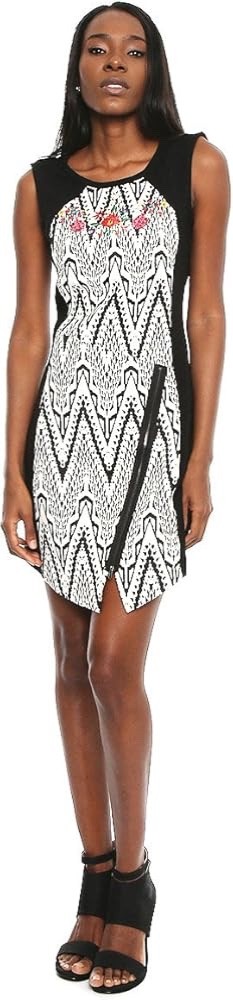 Desigual Women’s Sleeveless Mini Dress Black White Graphic Print Zip Size XS