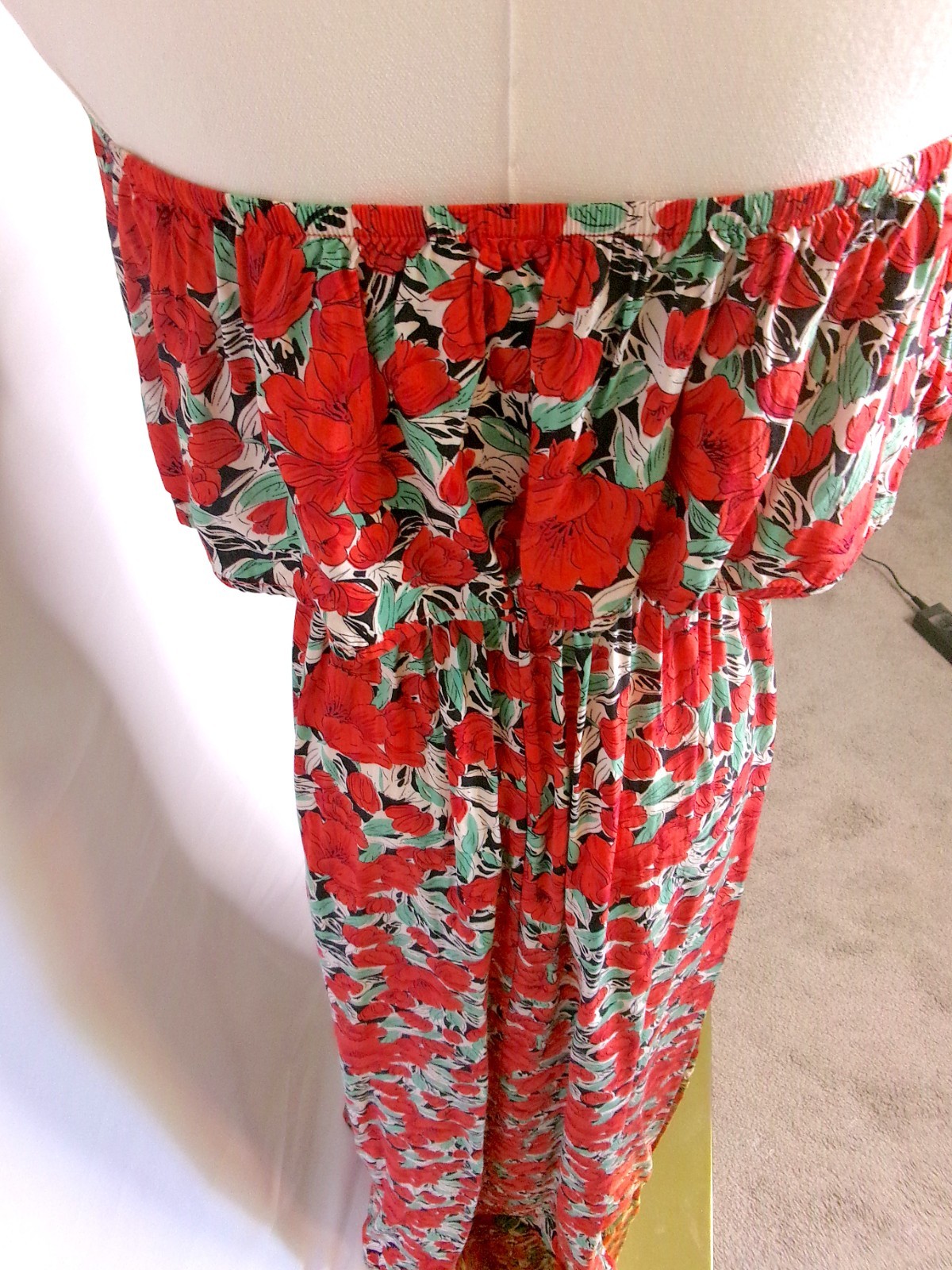 Strapless Floral Maxi Dress Boho Tropical Red Floral Tube Dress S