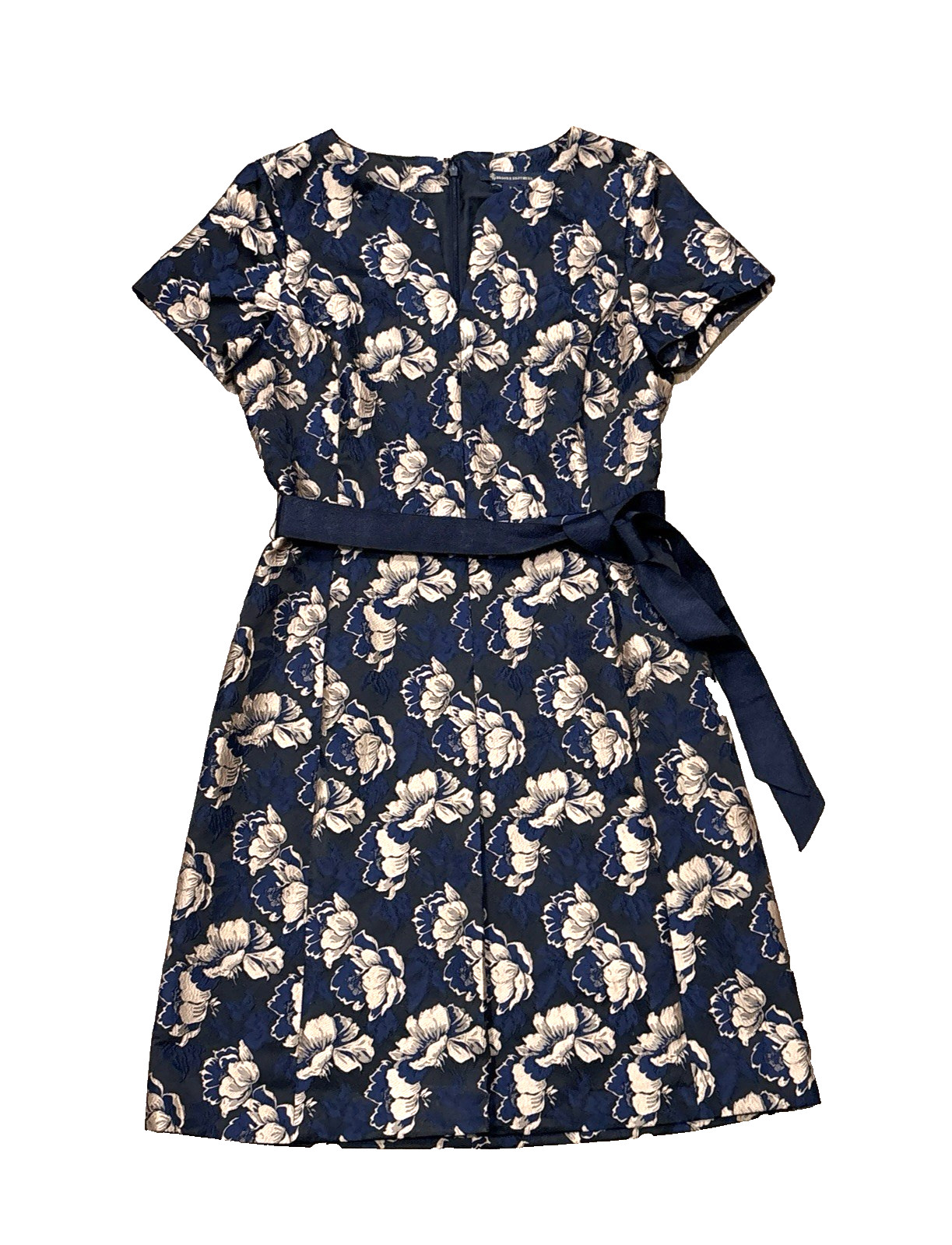 Brooks Brothers Dress Womens 2 Blue Gold Floral Jacquard Belted