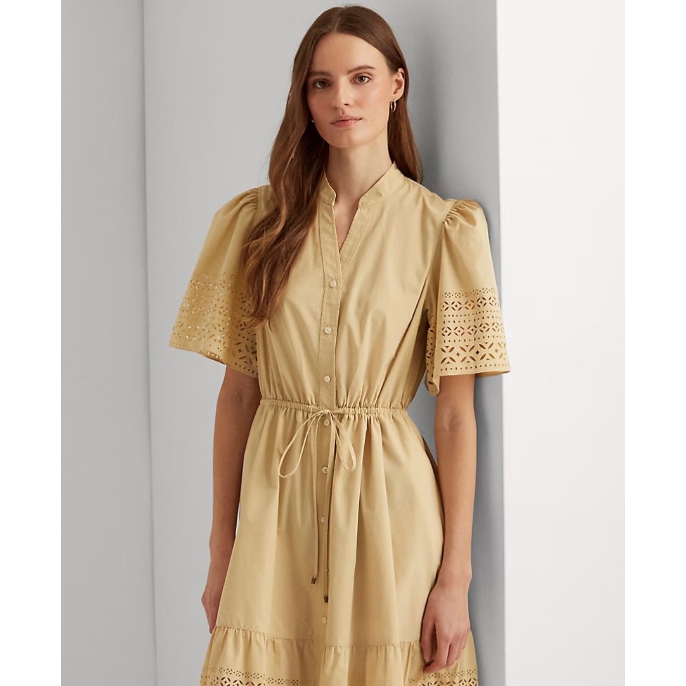 Lauren Ralph Lauren Eyelet Laser Cut Poplin Midi Dress Size 8 Beige Feminine
