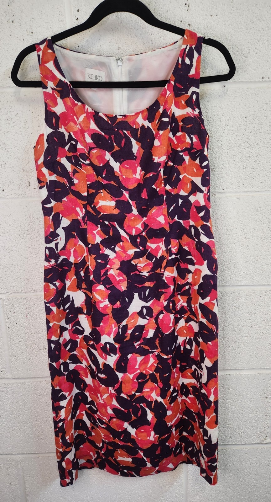 Kaliko 100% Linen Floral Shift Dress UK 10 Pink Orange Purple Sleeveless