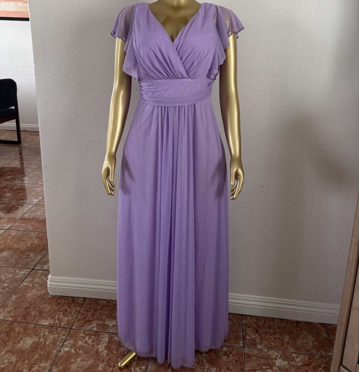 Purple Solid Ruched Maxi Dress V-Neck Flutter Short Sleeve Zip Closure Size L