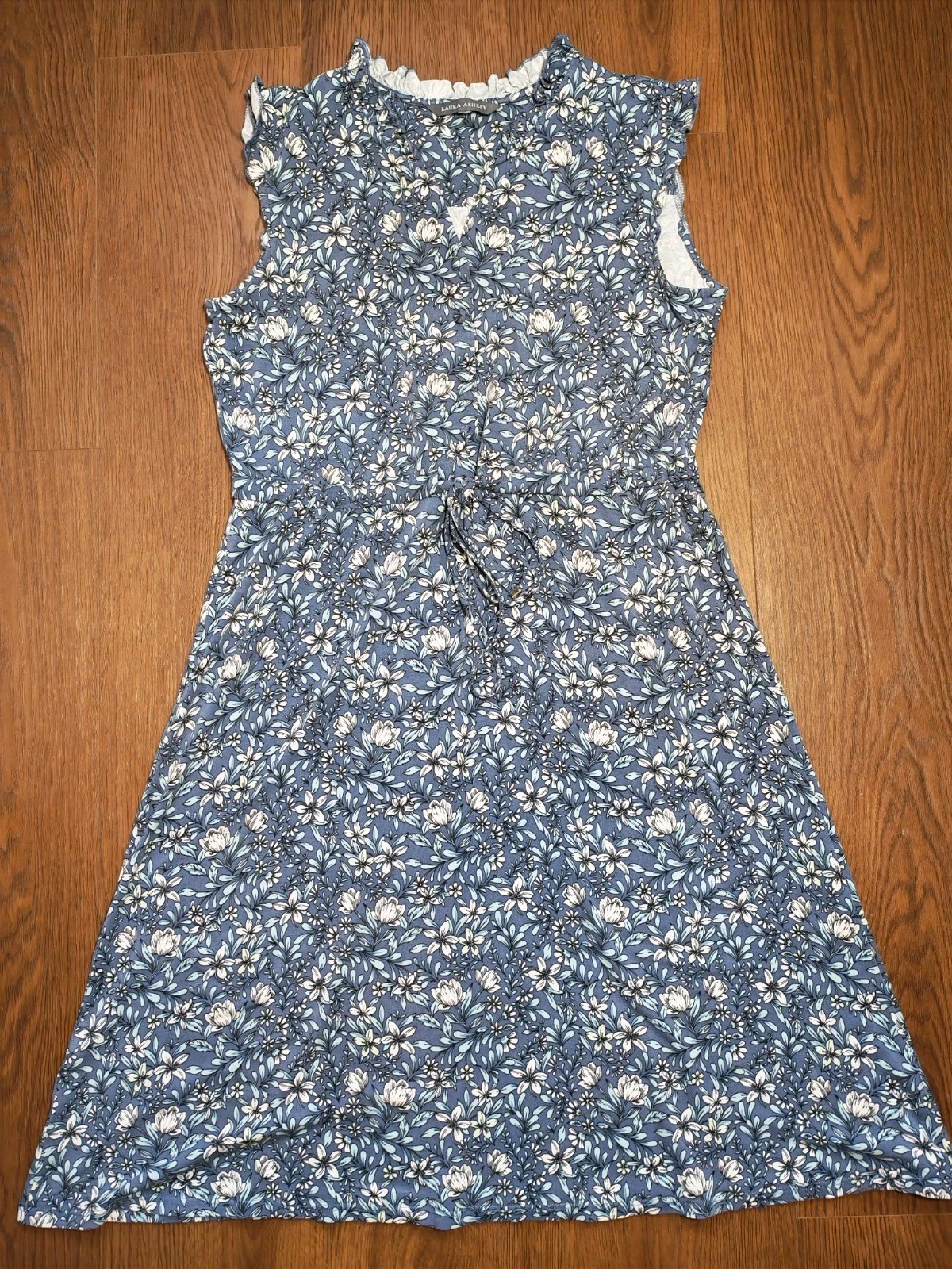 Beautiful Laura Ashley Blue Floral Stretch Frill Dress Waist Tie Belt UK 18