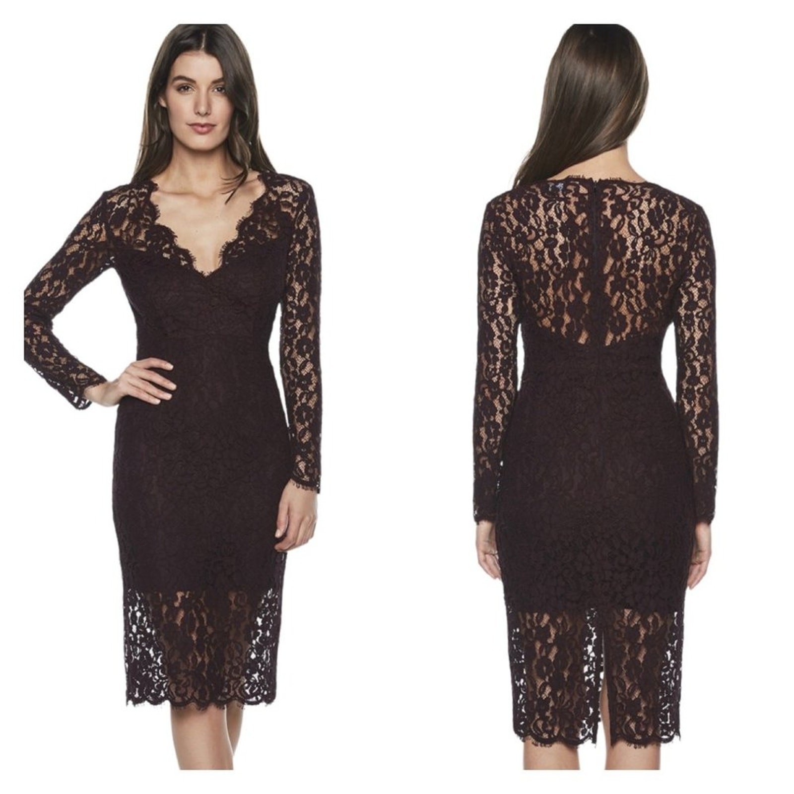 NEW Bardot Floral Lace Long Sleeve Plunge Midi Dress in Wine Small $148 Retail