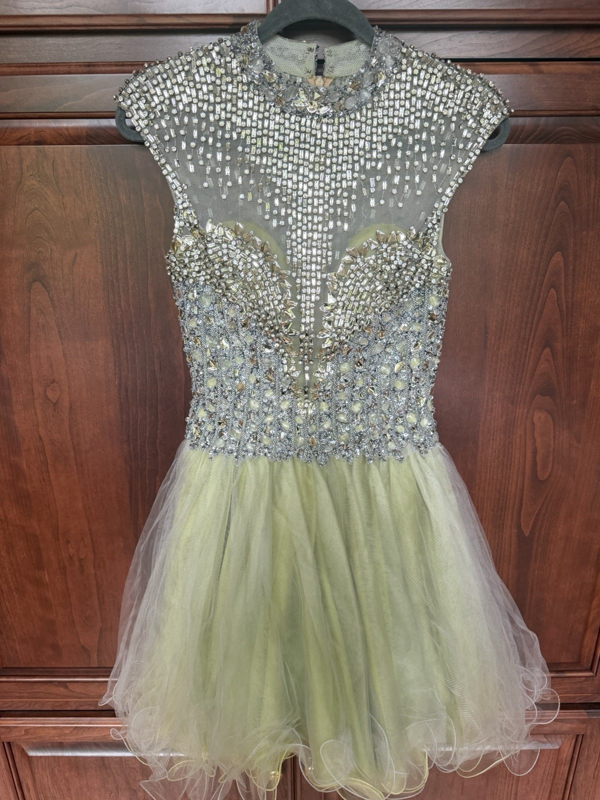 Terani Couture S4 Homecoming Prom Dress Beaded Sparkle Bodice Tulle Green Silver