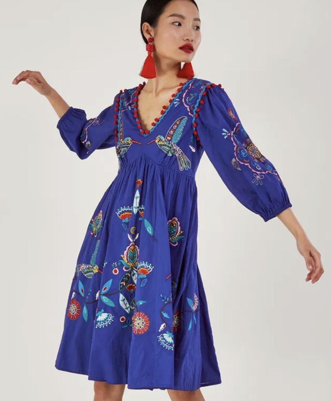 RRP £150 New MONSOON Size M ( UK Size 12 / 14 ) BLUE EMBROIDERED DRESS BNWT